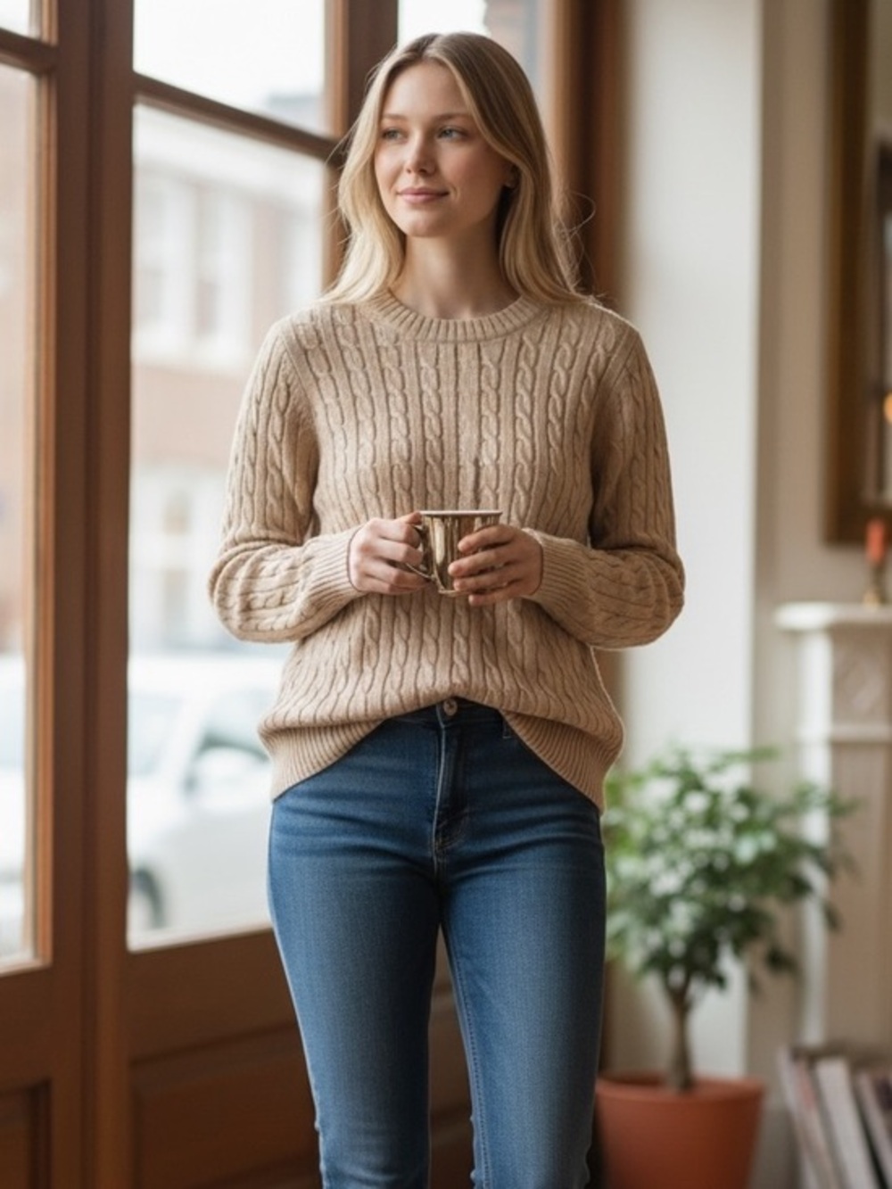 🤍 J.Crew Cable Knit Wool Blend Sweater Small Beige Crewneck Classic Preppy